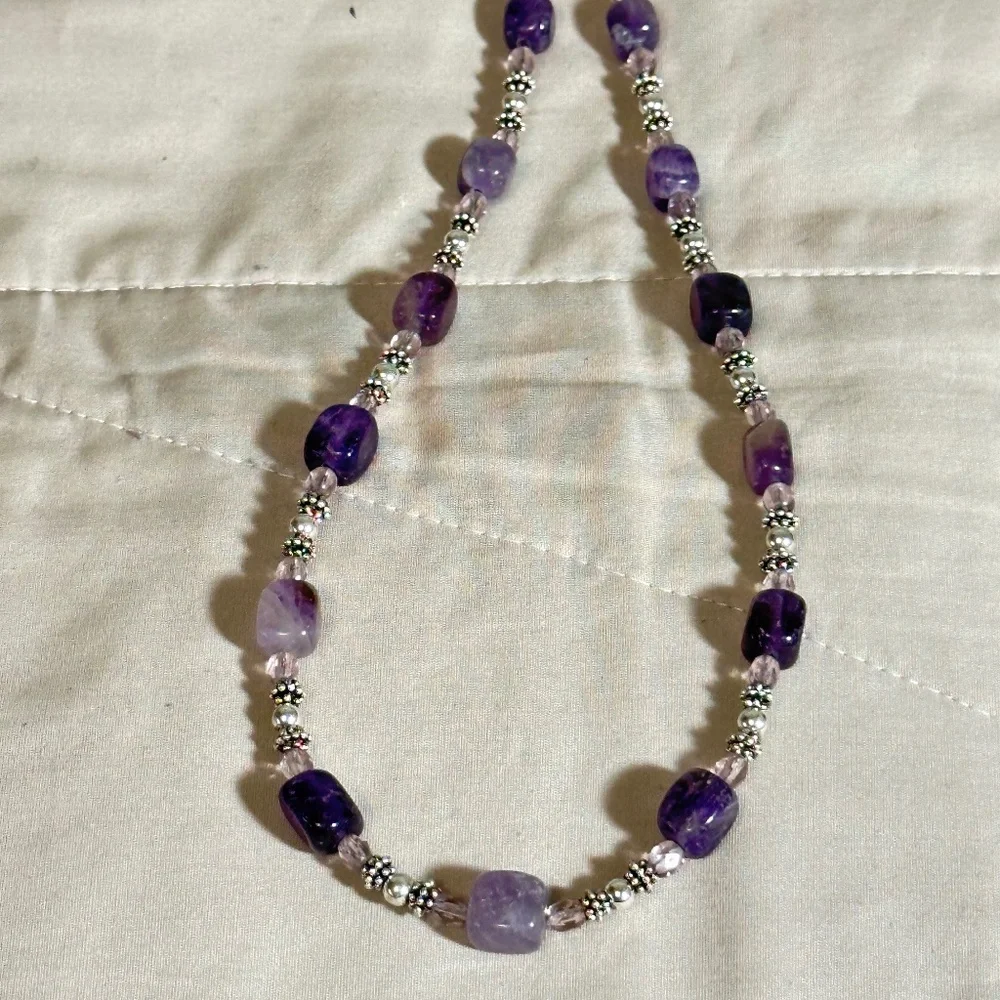 Napier Silver Tone Purple Agate Clear Crystal & Beaded Necklace Vintage - Picture 8 of 12